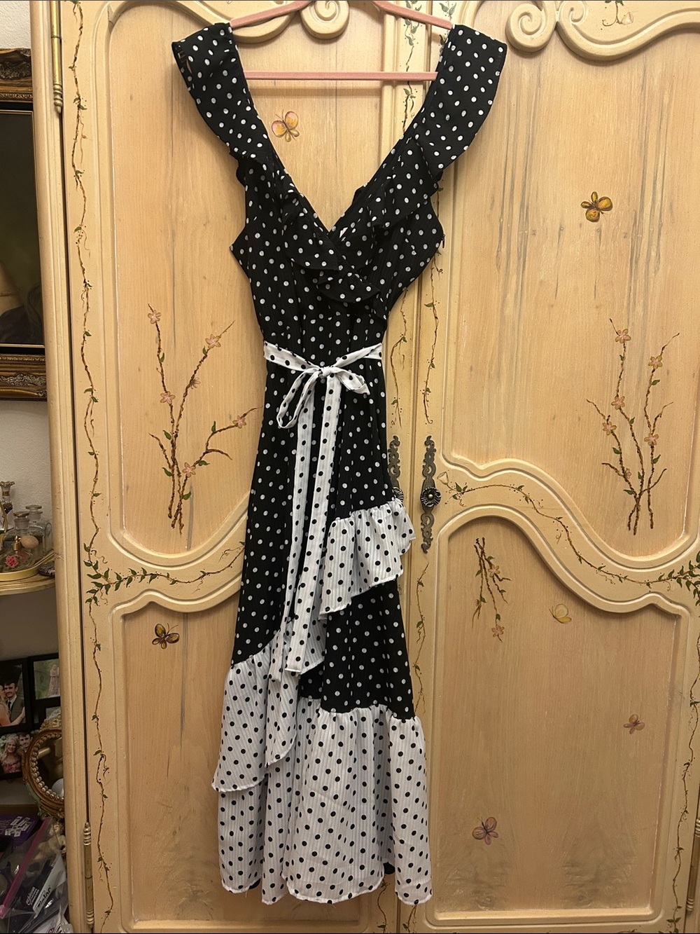 Black and White Polka Dot Ruffle Maxi Dress with Tie Waist